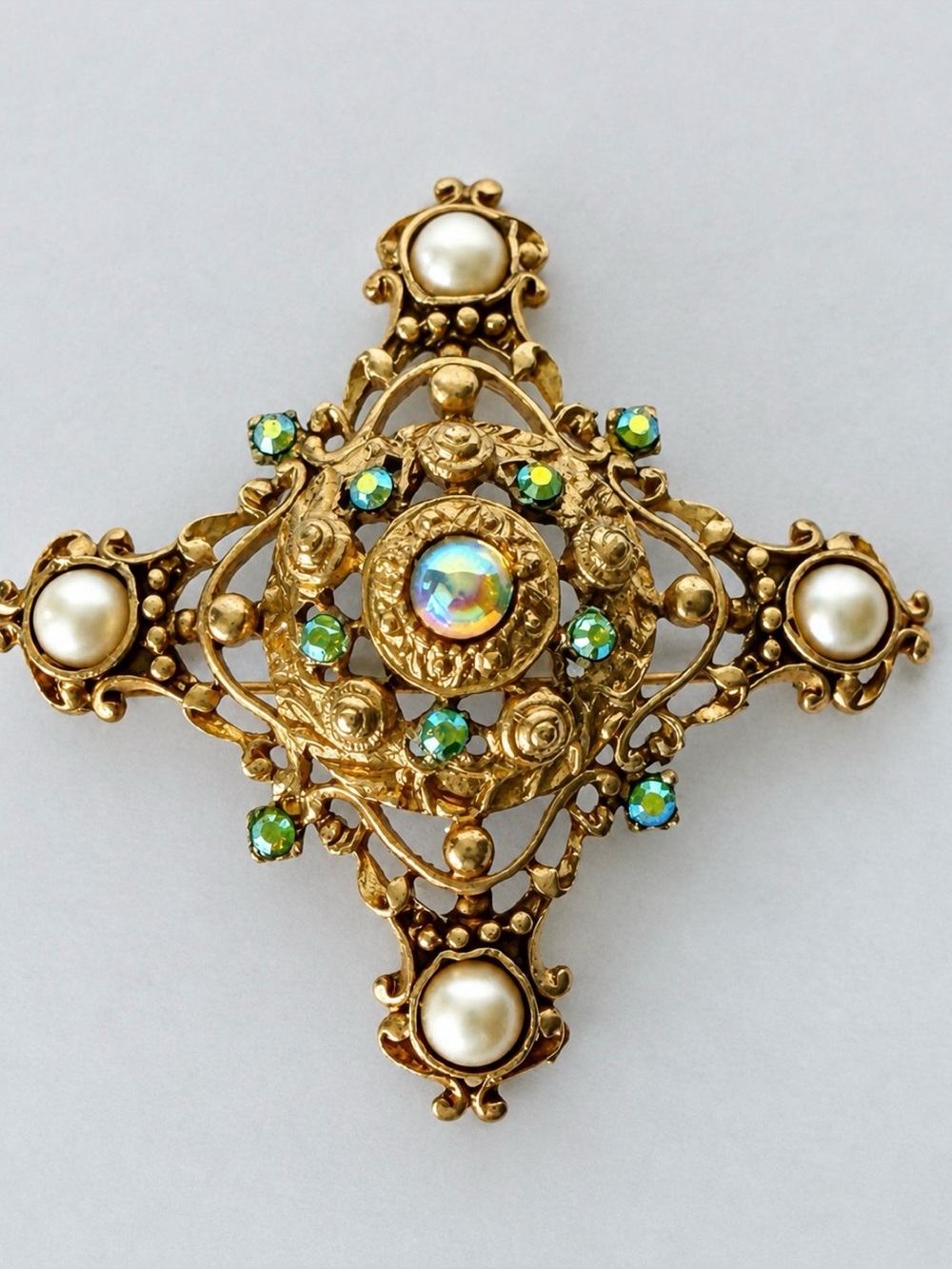 Vintage Gold Tone Maltese Cross Brooch Pendant Faux Pearl & Aurora Borealis
